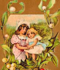 c1907 Christmas Greetings, children, mistletoe, holly, embossed, cute picture