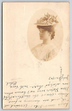 Original RPPC, Young Woman In Dress And Hat, Oval Profile, Vintage 1907 Postcard picture