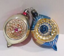 2 Vintage Blown Glass Christmas Ornament Teardrop indent Blue Pink Silver Poland picture