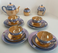 Lusterware Tea Set Hand Painted Japanese Cherry Blossom Peach Blue 15 Pc Wife picture