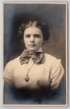 RPPC Lovely Young Woman Portrait Plaid Bow Tie with Clip Locket  Postcard E29 picture