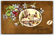Original Vintage Antique Postcard Birthday Greetings Embossed Flowers Gold 1909 picture