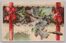 Greetings~Purple Lilies~Lacey Border~Red Bows~Vintage Postcard picture