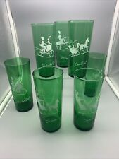 1950's Anchor Hocking Green Tea Glasses 7, Open Sleigh,A Bicycle For 2,Gas Buggy picture