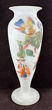 Antique Victorian Satin Glass Bristol Vase Hand painted Fuchsia Flowers Bird picture
