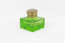 Old Ink Pot Square Shape Light Green Heavy Empty Brass Cap Collectible Ink Well picture