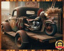 Indian Motorcycle - Sitting In Old Pickup - Rare - Metal Sign 11 x 14 picture
