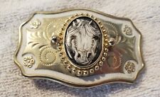 Vintage Hand Painted Horse Themed Belt Buckle Gold Country Western  picture