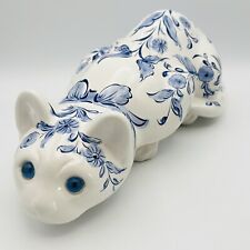 Vtg Ceramic ELPA Alcobaca Cat Blue Floral Glass Eyes Crouching Made In Portugal picture