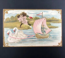 Antique Greetings Postcard Swan Boat Forget Me Not Embossed Cottage Pink Boat picture
