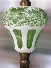 Vintage Whale Oil Lamp * White Cut to Green Uranium Glass * Grapes & Leaves picture
