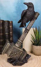 Odin Raven Perching On Thor Hammer Mjolnir With Viking Runes Skaldenmet Figurine picture