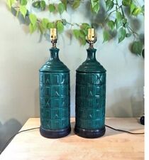 Rare Vintage 1970s Pair Green Table Lamp Matching Set Ceramic Patterned Large picture