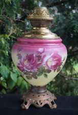 Antique 1880s Victorian Pittsburgh Milk Glass Oil Lamp - HAND PAINTED ROSES picture