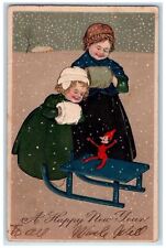 1906 Happy New Year Mother And Daughter Warmer Toy Snowfall Embossed Postcard picture