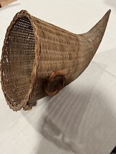 Vintage 17” Thanksgiving Brown Woven Wicker Cornucopia Horn of Plenty Basket picture