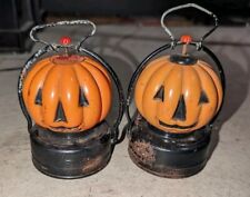 Vintage 1950s Battery Op Jack-O-Lantern Set 2 Light Lamps Halloween Pumpkin Toy picture