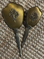 1930s 1940s Antique Brushed Gold Floral Vanity Hand Mirror & Brush Set picture