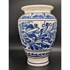 Vintage blue & white Romanian folk art ceramic Mathe Denes Vase STUNNING 8
