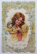 Victorian Valentine Card-CUTE GIRL IN YELLOW DRESS KNITTING WITH CAT picture