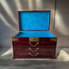 Vintage XL 14”x9”x9” Asian Wood Brass Jewelry Chest With Drawers picture