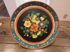 Antique Hand Painted Metal Toleware Tray Orange Green Round Circular Floral picture
