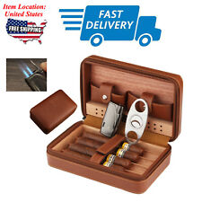 4CT Cedar Wood Cigar Humidor Case 2 Jet Torch Lighter & Cutter Gift Set Brown picture