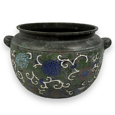 Vintage Chinese Bronze Planter Enamel Cloisonne Champleve Floral Jardiniere Vase picture