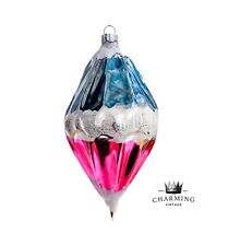 Vintage Corning Fluted Teardrop Blue & Pink Blown Glass Christmas Ornament picture