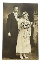 1920s WEDDING COUPLE REAL PHOTO POSTCARD WISCONSIN UNPOSTED BOUQUET ROSES BOOTS picture