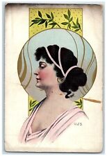 c1905 Pretty Woman Curly Hair Black Art Nouveau Unposted Antique Postcard picture