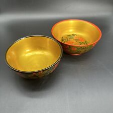 Two Russian Lacquered Bowls Black Enamel Bright Vibrant Colors 6 And 6 1/2 Inch picture