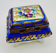 Limoges France Porcelain Blue Gold Trim Rose Floral Footed Hinged Trinket Box picture