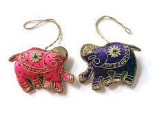 2 Vtg Elephant Ornaments Beaded Silk Pink Purple Gold Threads 3