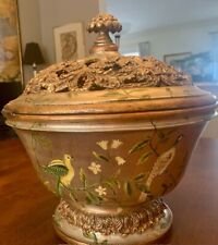 Large vintage painted covered bowl- gold and silver with birds and floral 13x12 picture