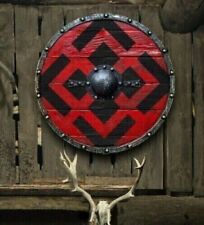 Antique Round Shield Wooden Carved Norse Carving Hand Medieval Battle Runic Item picture