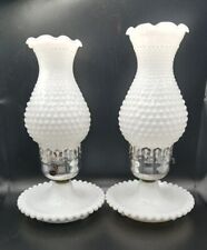 Vintage Pair Of Electric Beaded Milk Glass Lamps / Boudoir W/ Hobnail Chimneys picture