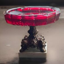 VTG Ruby Red Glass Brass Marble Pedestal Ashtray Hollywood Regency  E12 picture