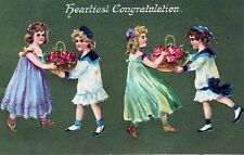 Four Children With Baskets Of Flowers Heartiest Congratulation Postcard - 1909 picture