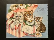 Vintage Birthday Card Cute Blue Eye Baby Kittens In Big Pink Striped Box Daisies picture