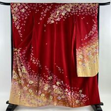63.4inc Japanese Kimono SILK FURISODE Flower Gold thread Red picture