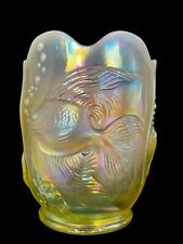 VTG Fenton Glass Topaz Opalescent Vaseline Uranium Atlantis Koi Fish Vase 6.5” picture
