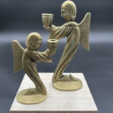 Vintage Solid Brass Set Of 2 Kneeling Angel Candle Holder Tiny Candles 5” And 7” picture