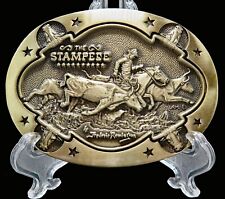 The Stampede Frederic Remington Cowboy Cattle Drive Vintage Belt Buckle picture
