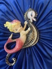 Vintage Lefton Ceramic Wall Plaque Mermaid Seahorse Retro Hanging Decor Japan picture