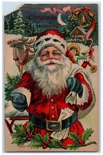 c1910's Christmas Greetings Santa Claus With Toys Holly Berrie Bells Postcard picture
