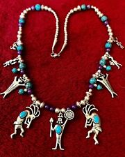 NAVAJO VTG TURQUOISE CHARM STERLING KACHINA DANCERS CHARMS KOKOPELLIS NECKLACE picture