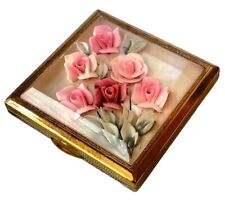 Vintage Melissa Powder Compact Lucite Reverse Carved Pink Roses Mirror England picture