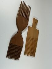 2 Vintage African (Nigerian) Wooden Hand Carved Hair Combs / Ornament Pick picture