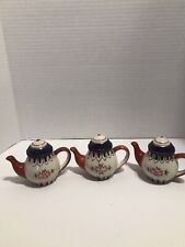 Vintage 3 Matching Trinket Boxes HAND PAINTED RED FLORAL TEAPOTS picture